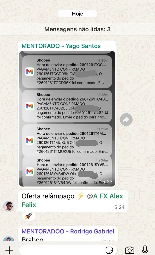 Mentorado relatando múltiplas vendas confirmadas na Shopee